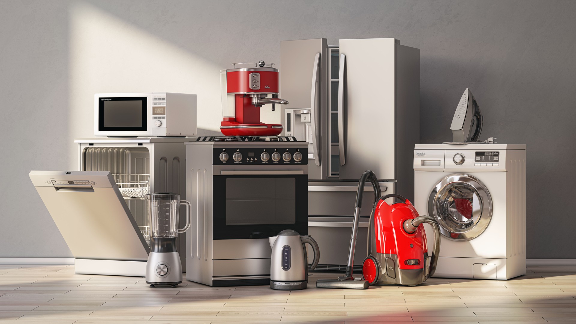 Set of home kitchen appliances in the room with sun light.