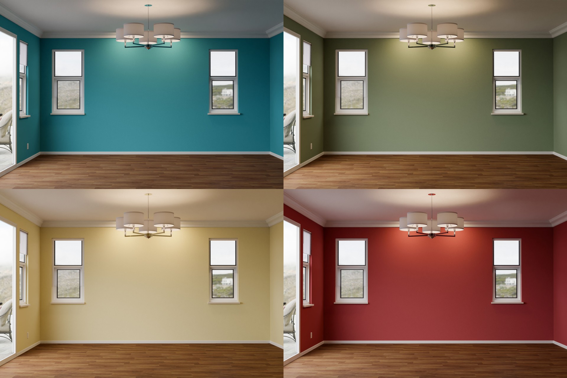 Comparison of Newly Remodeled Room of House with Wood Floors, Moulding, Ceiling Lights and Four Different Painted Wall Colors.